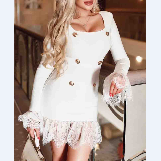 Solid Color Stitching Lace Long Sleeve Dress