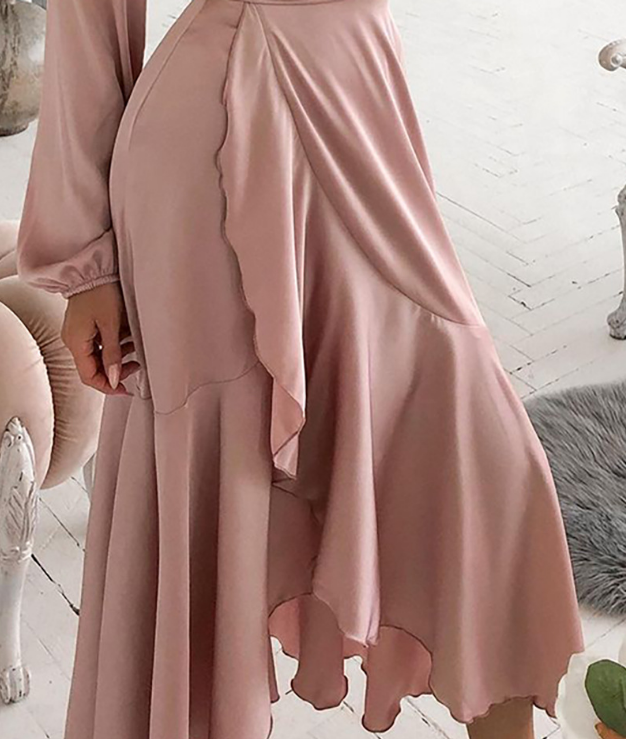 V-Neck Sexy Pink Ruffled Long Sleeve Dress