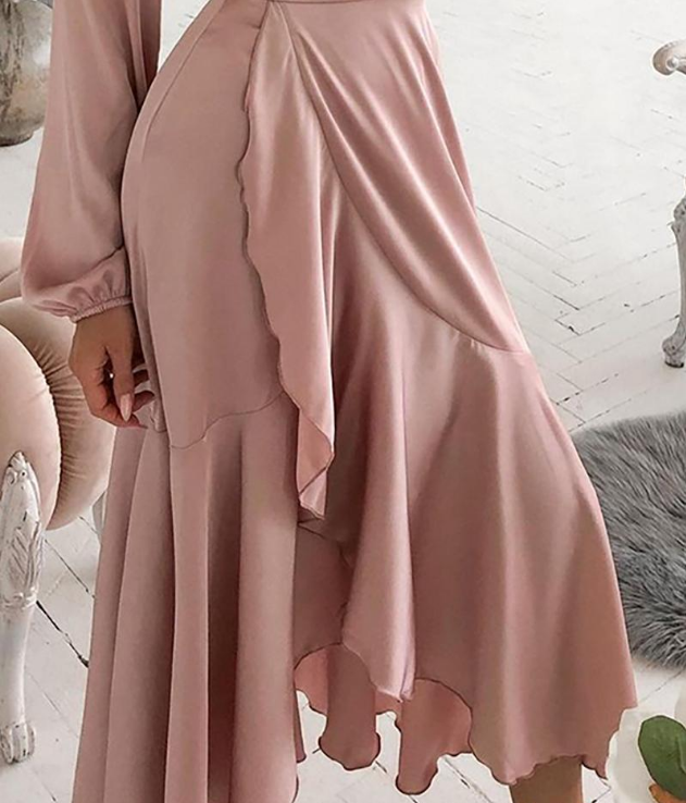 Women's Pink Long Sleeve Flounced Dress