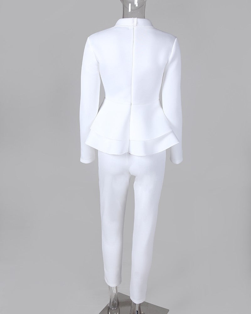 Solid Color White Flounced Long Sleeve Two-Piece Set