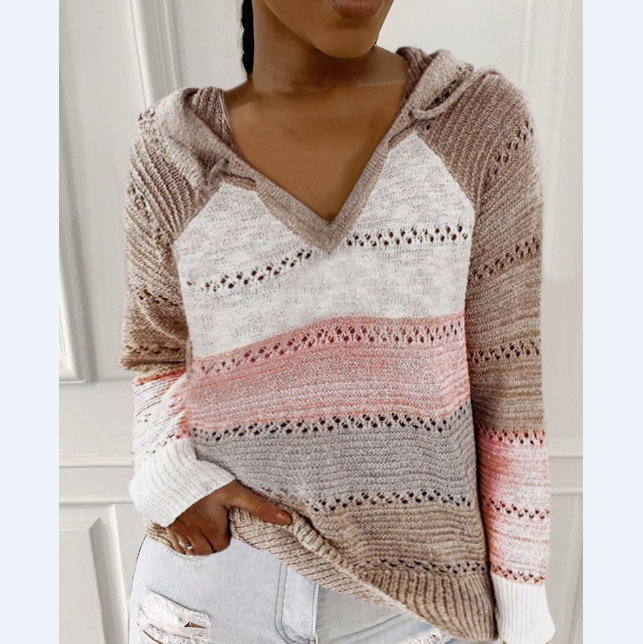 V-Neck Long Sleeve Solid Color Knitted Sweater