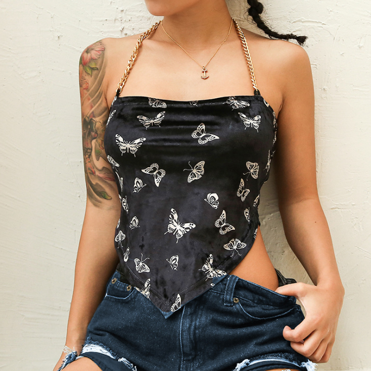 Sling Butterfly Print Chain Backless Sexy Vest