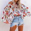 Printed Long-Sleeved Chiffon One-Shoulder Top