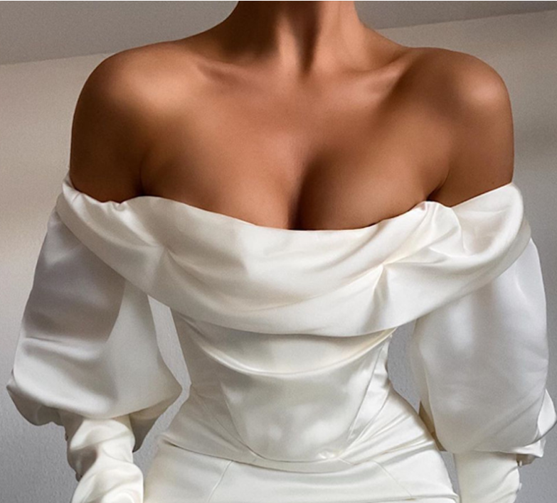 White One-Shoulder Long-Sleeved Dress
