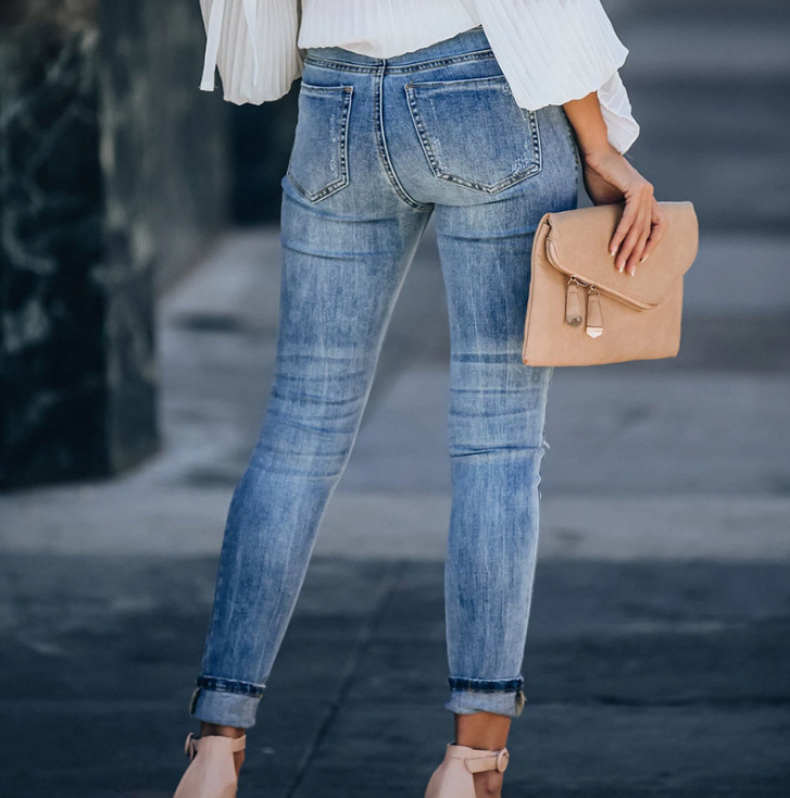 Stretch Ripped Jeans Bag Hip Pants