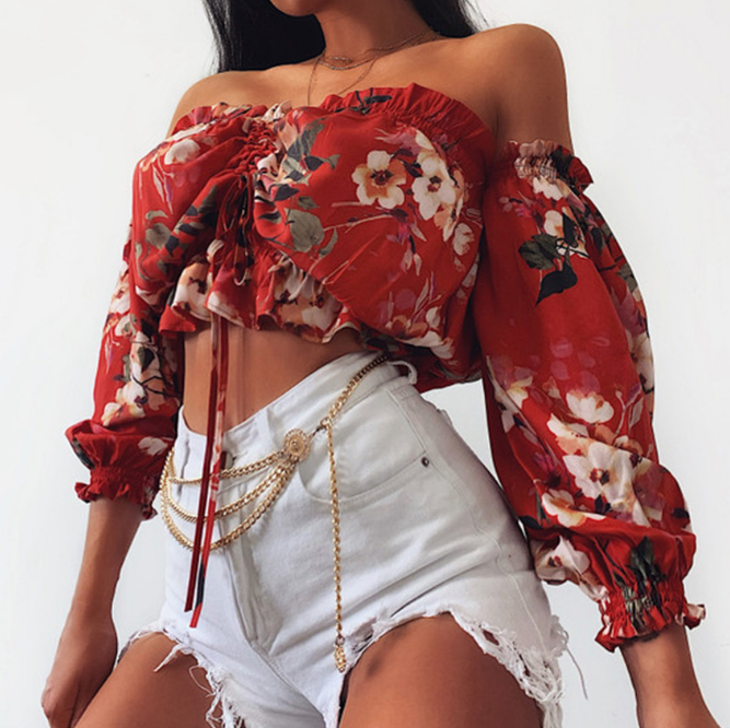 Off-The-Shoulder Sexy Print Long-Sleeved Shirt Tops