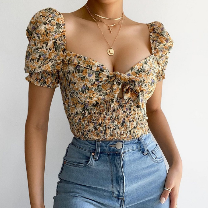 Ladies Floral V-neck Bowknot Puff Sleeve T-Shirt Top