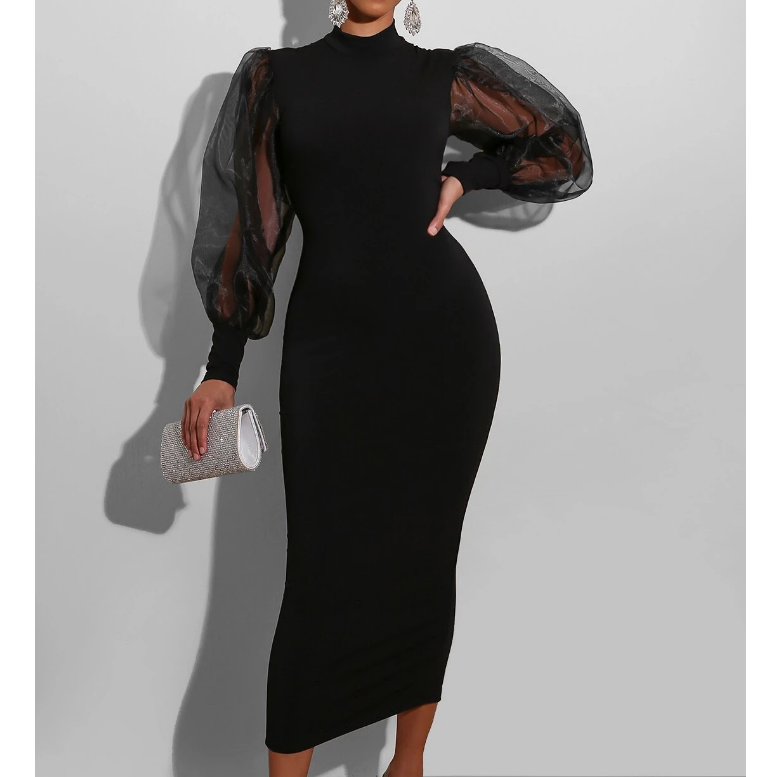 Women'S Mesh Splicing Solid Color Long Sleeve Dress