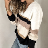 Knitting V-Neck Long Sleeve Striped Color Matching Sweater