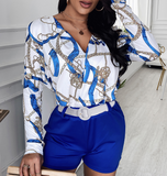 V-Neck Long Sleeve Chain Print Two-piece Set