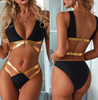 Sexy Split Gold Bar Splicing Bikini Swimsuit