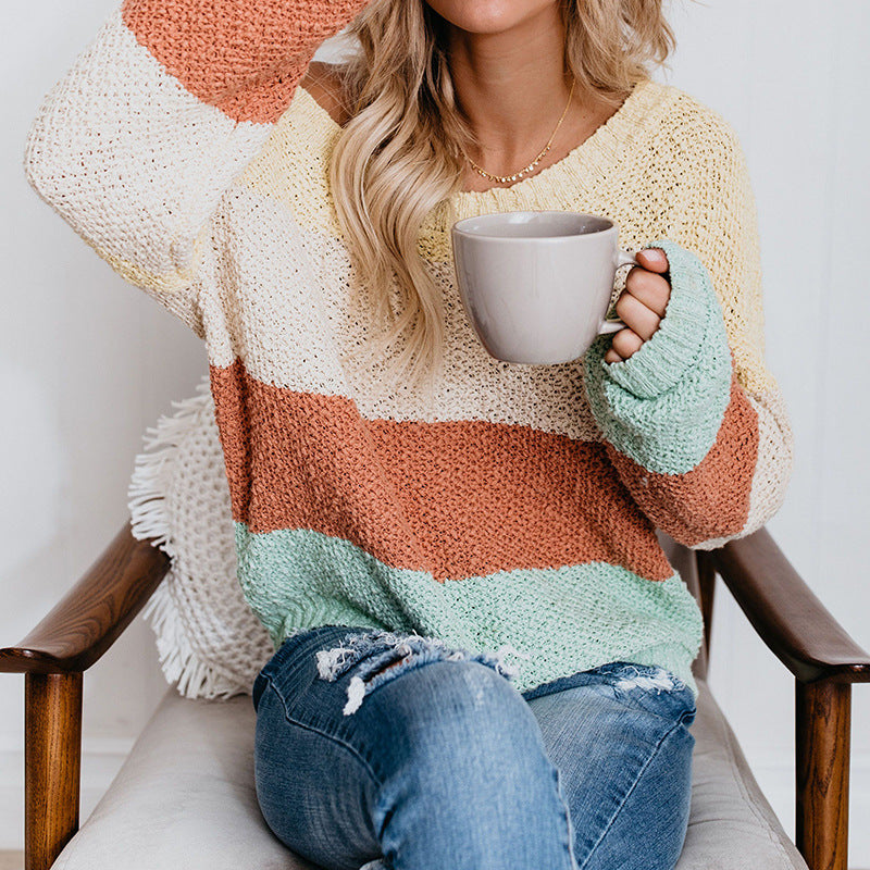 Round Neck Loose Striped Long Sleeve Knit Sweater
