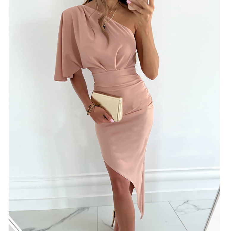 Solid Color Women's Pink One Shoulder Dress