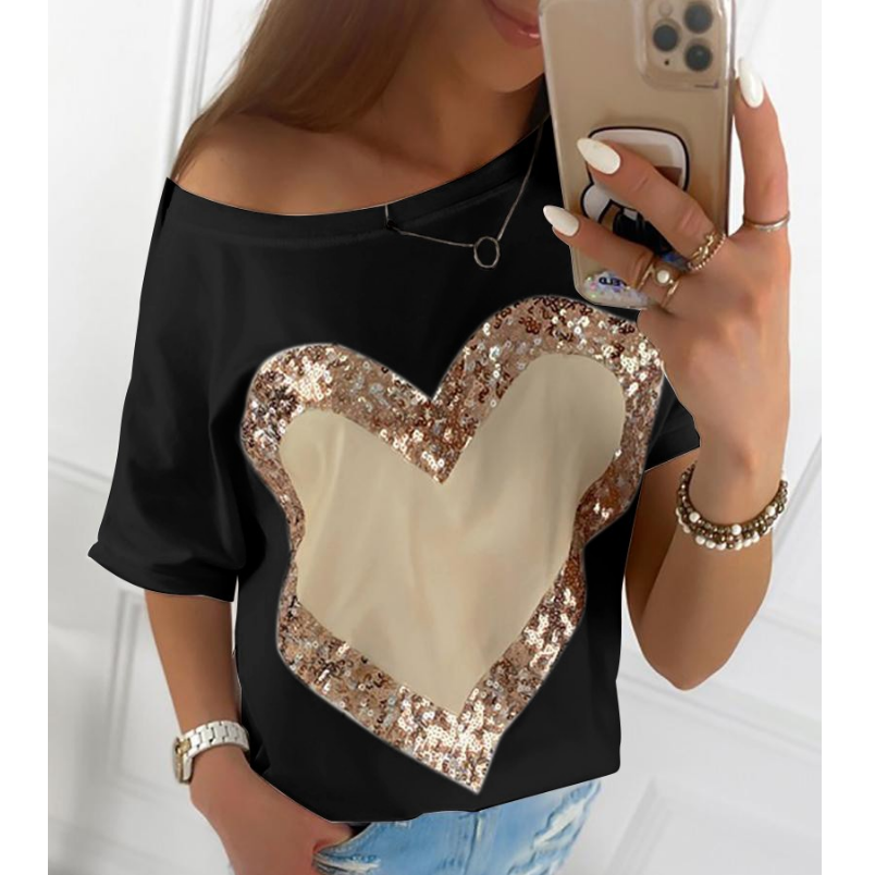 Casual Round Neck Sequined Short Sleeve T-Shirt