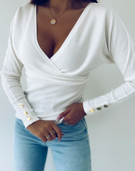 White Women's Long Sleeve V-Neck Top