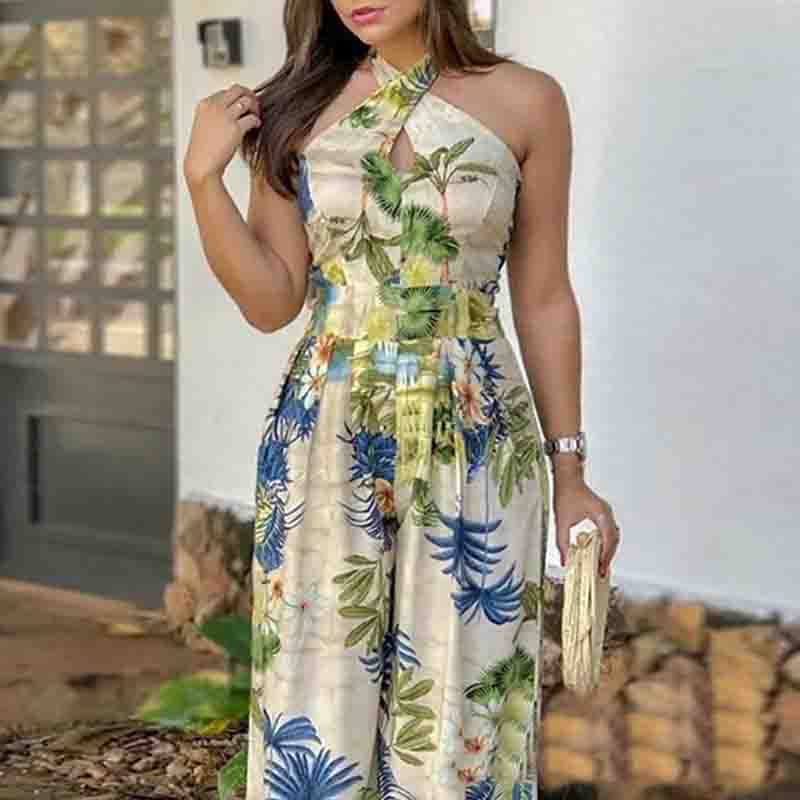 Temperament Solid Color Sleeveless Printed Jumpsuit