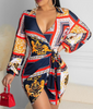 Sexy Printed Long Sleeve Deep V-Neck High Waist Dress