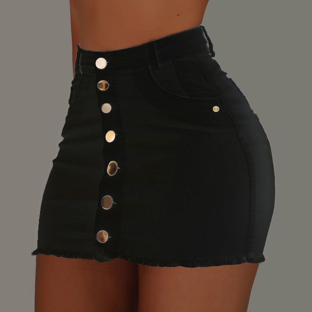 Solid Color Single Breasted Pocket Fashion Trend High Waist Denim Skirt