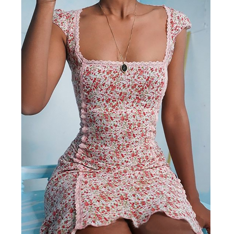 Printed Sweet Floral Lace Short Sleeve Dress