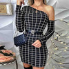 Slim Women One Shoulder Check Dress