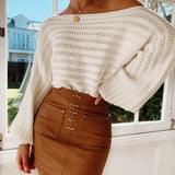 Solid Color Long-Sleeved One-Shoulder Knitted Sweater