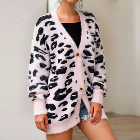 Long-Sleeved Denim Single-Breasted Leopard Coat