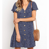 Casual V Neck Button Floral Mini Dress