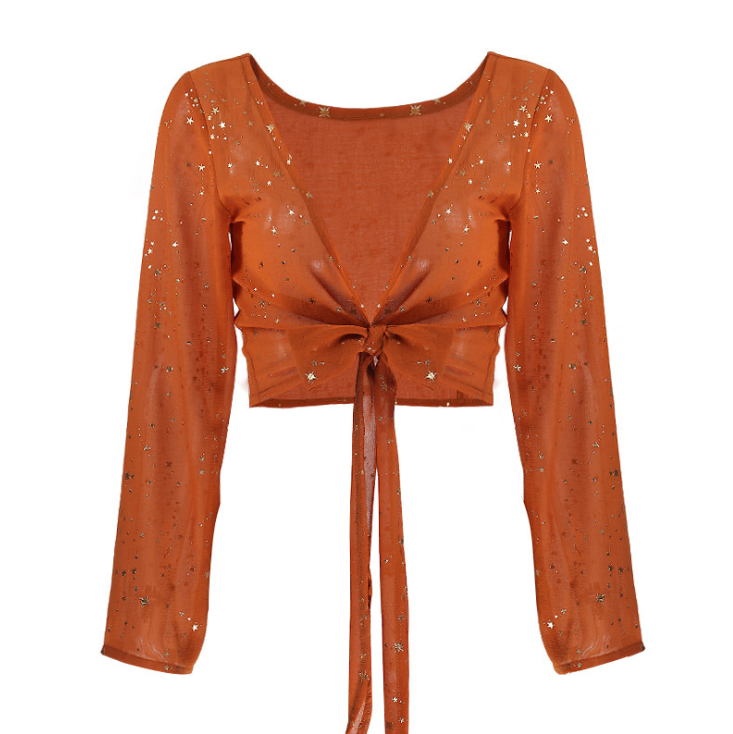 Women V-Neck Long-Sleeved Lace Five-Pointed Star Top – Shodg
