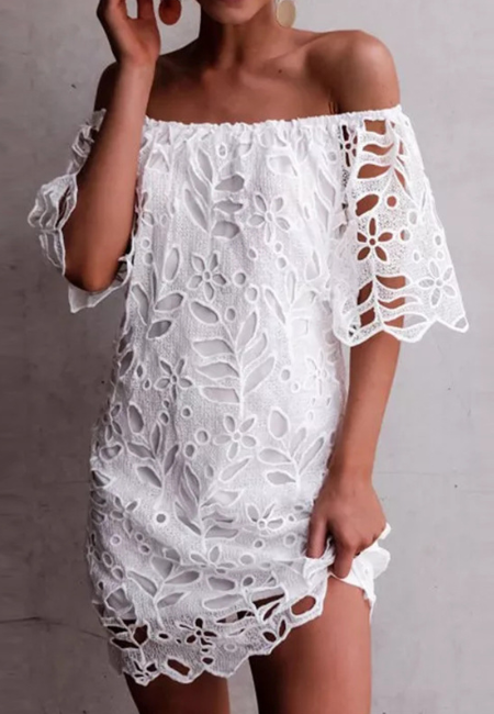 Solid Color Lace Fashion Short Sleeve Dress