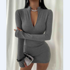 Solid Color High Neck Zipper V-Neck Tight-Fitting Bag Hip Dress