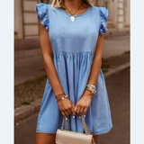 Solid Color Round Neck Flounced Dress