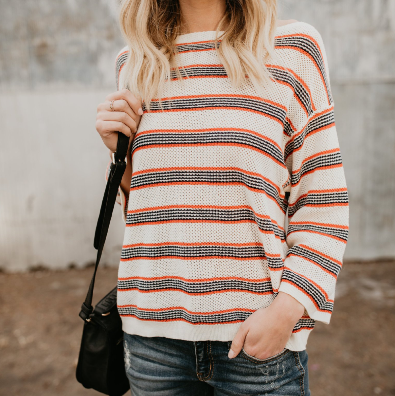 Striped Large Size Women's Knit Long Sleeve Sweater