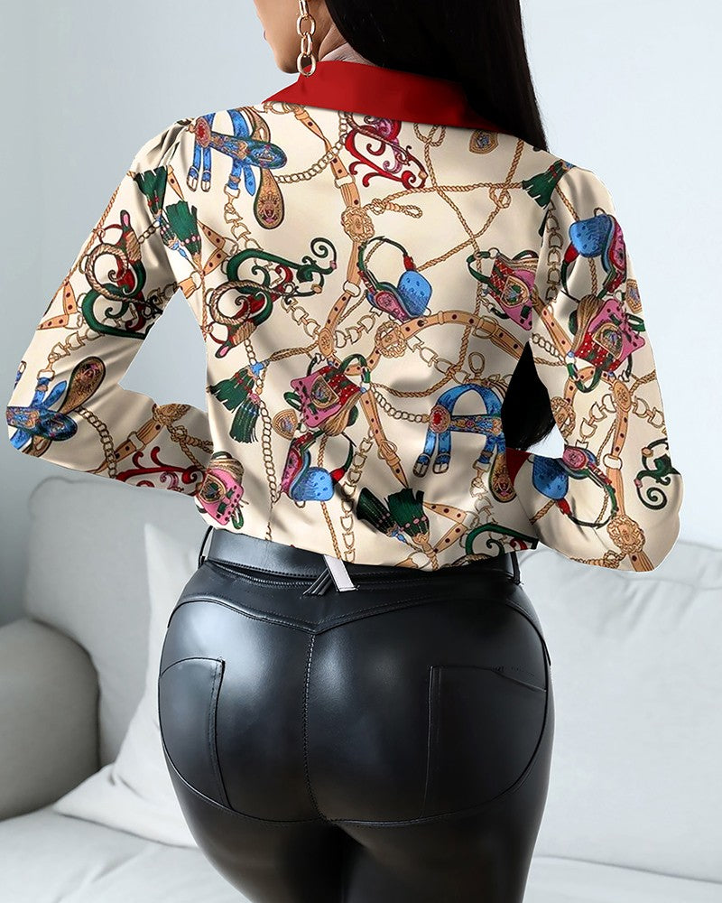 Long-Sleeved Women Printed Buttoned Cardigan Shirt