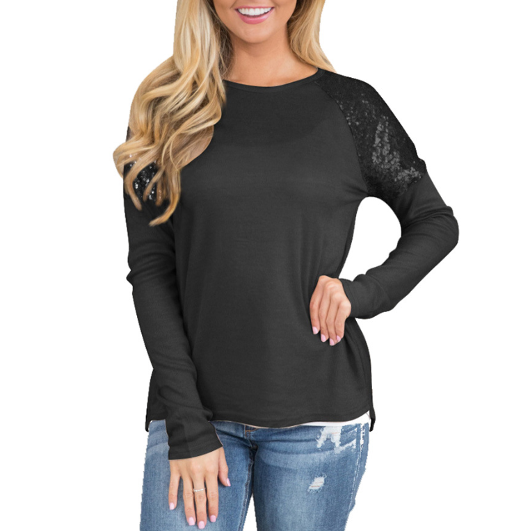 Women'S Round Neck Sequined Long-Sleeved T-Shirt