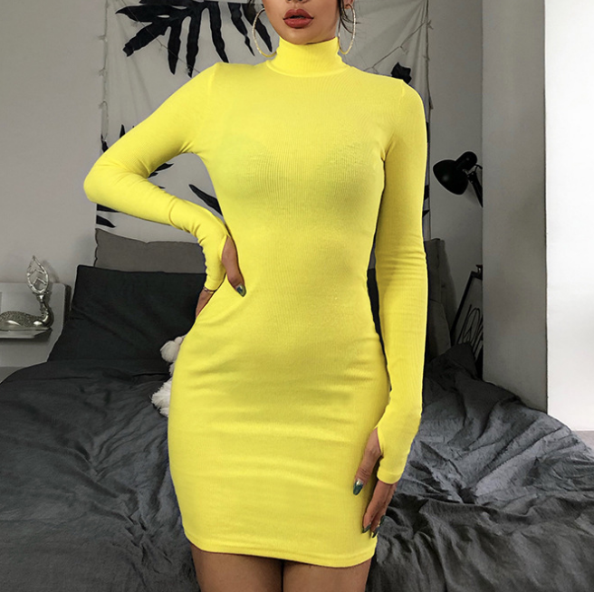 Fashion Sexy Solid Color Long Sleeve Turtleneck Dress
