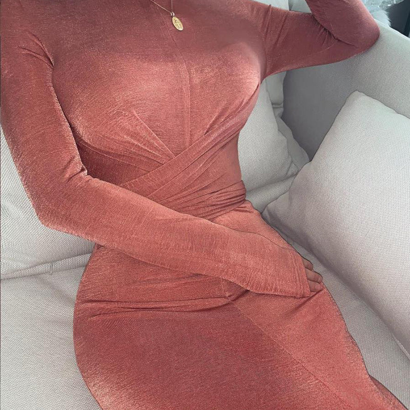 Solid Color Round Neck Long Sleeve Sexy Slim Dress