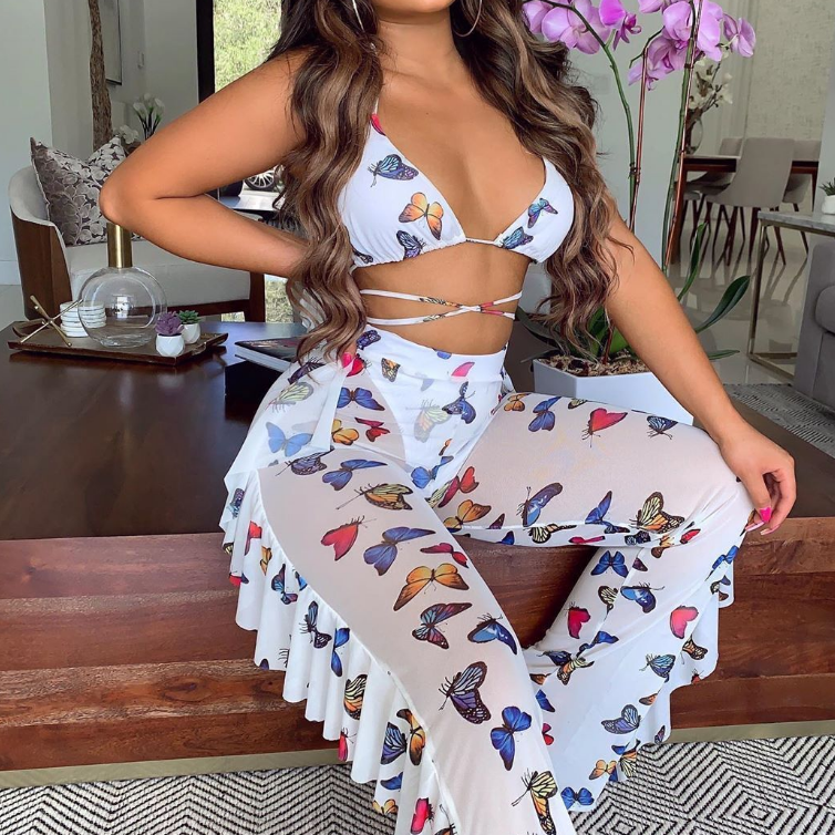 Backless Sexy Printed Mesh Two-Piece Suit
