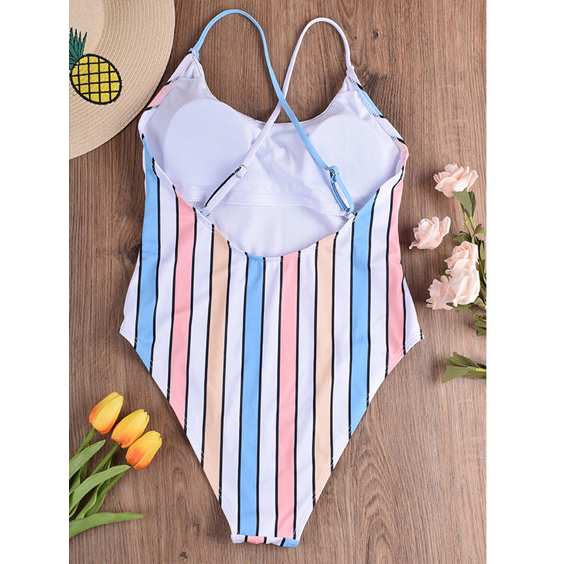 One-Piece Color Stripe Sexy Swimsuit