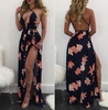 Royal Blue Backless Wrap Slit Maxi Floral Dress