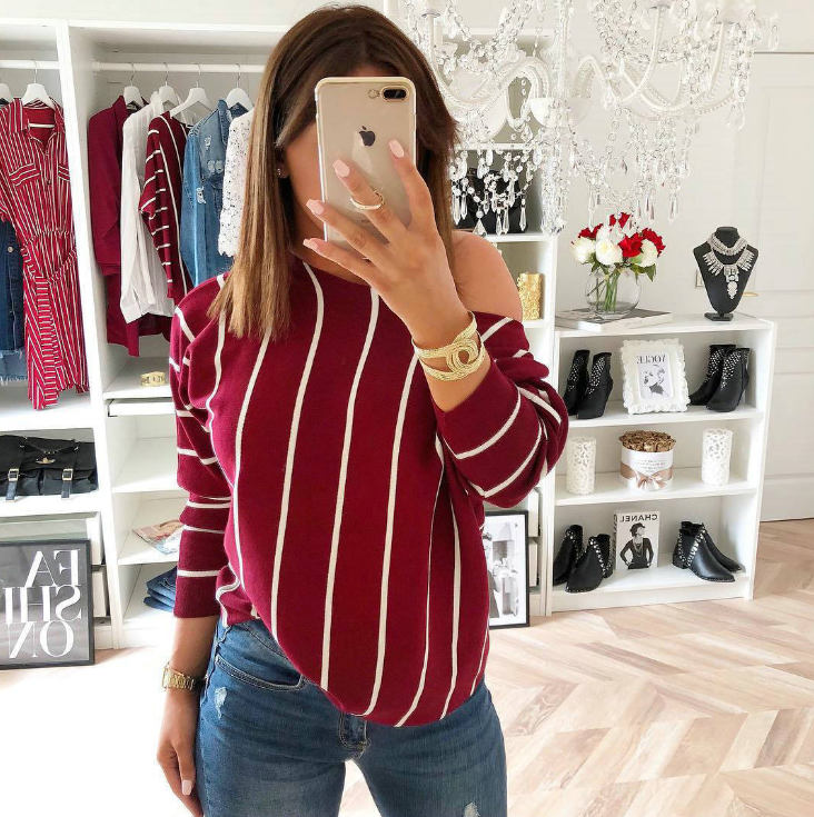 Sexy Long Sleeve Striped Print Top