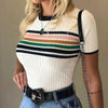 Round Neck Short Sleeve Striped Blouse