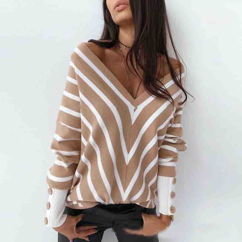 Striped Women'S V-Neck Long-Sleeved Sweater