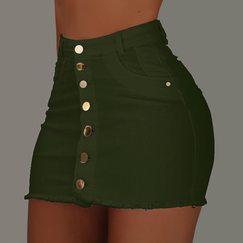 Solid Color Single Breasted Pocket Fashion Trend High Waist Denim Skirt