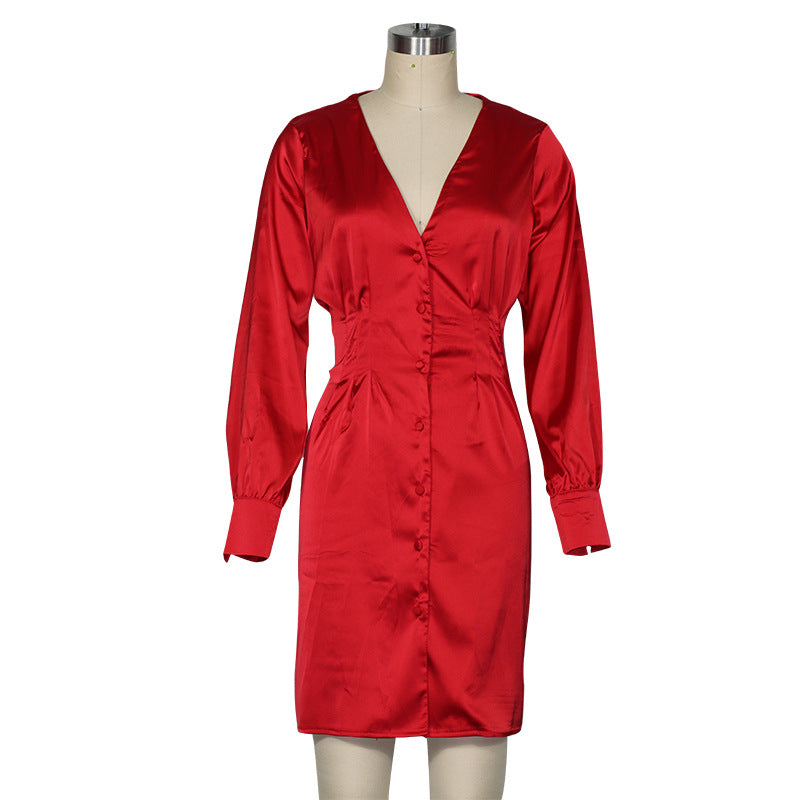 V-Neck Sexy Women'S Solid Color Long-Sleeved Dress