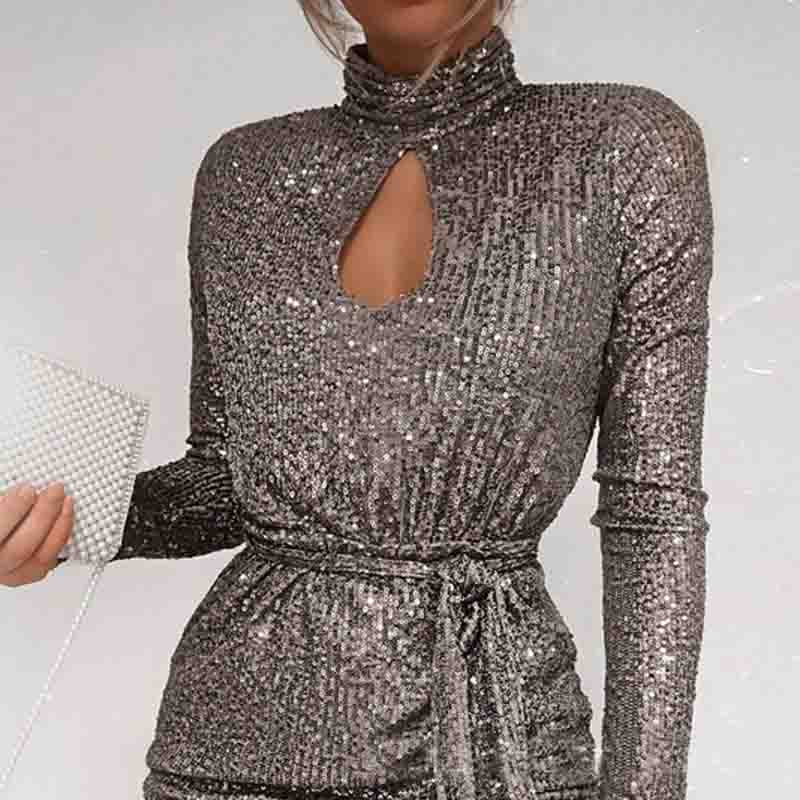 Fashion Sexy Long Sleeve Silver Dress