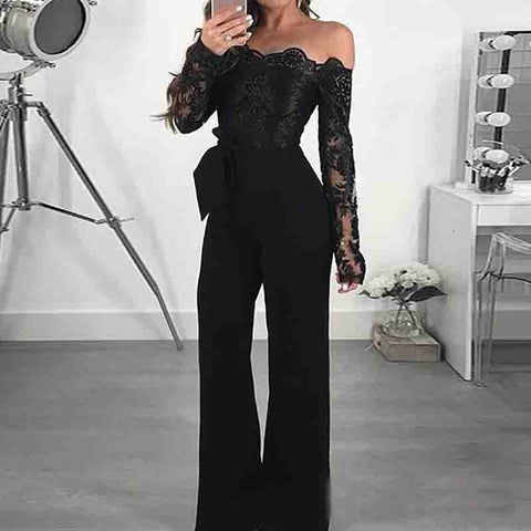 Black Lace Panel Long Sleeve Skinny Jumpsuit