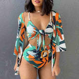 Fashion Printed Cardigan Three-Piece Bikini Swimsuit