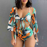 Fashion Printed Cardigan Three-Piece Bikini Swimsuit