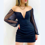Black Long-Sleeved One-Shoulder Tight Dress