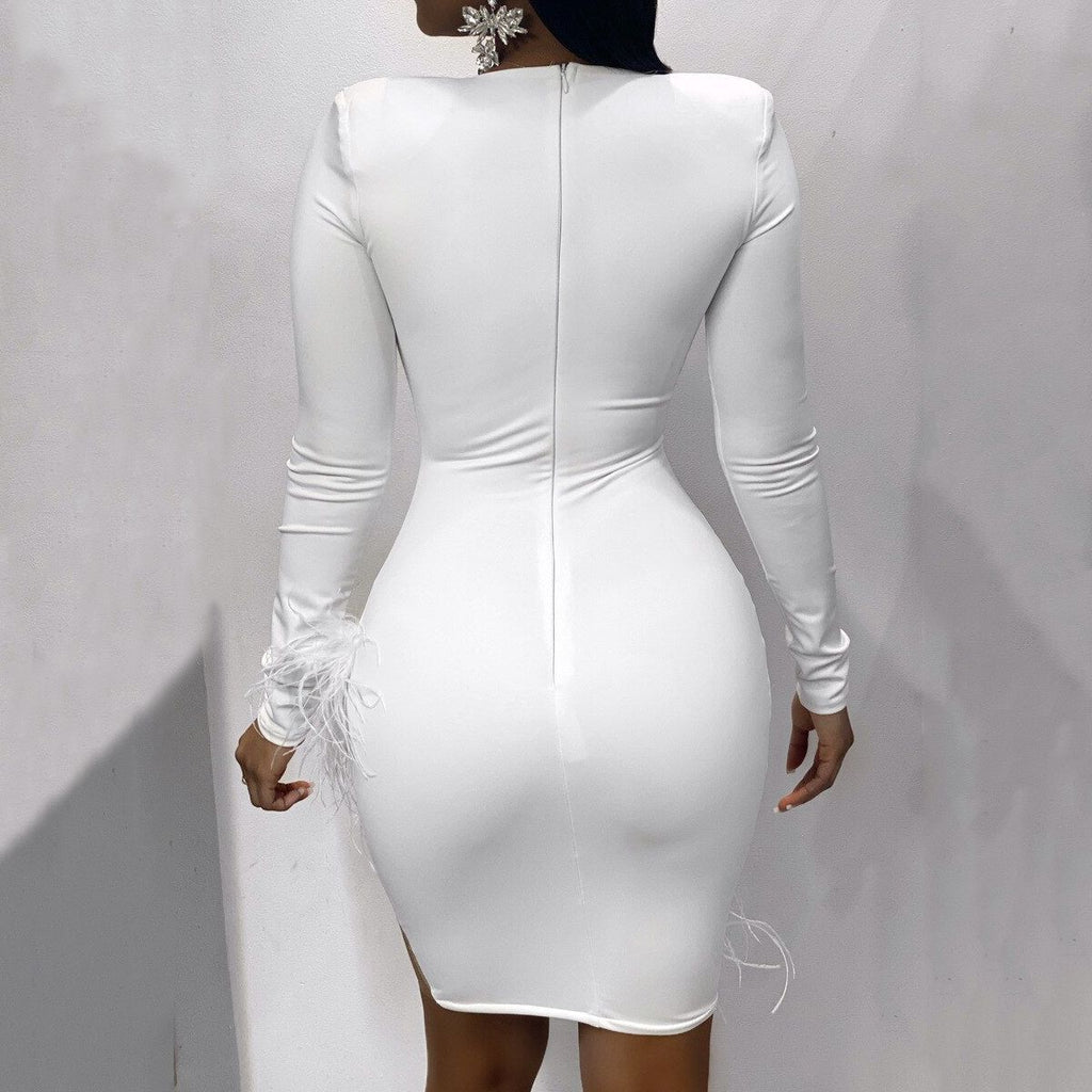 Solid Color White Splicing Deep V-Neck Dress